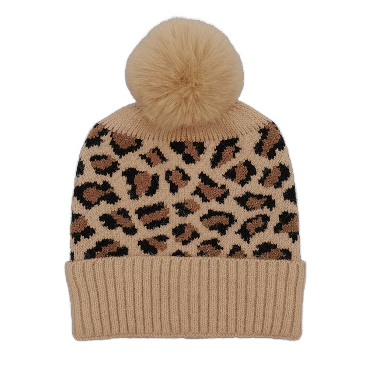 Camel Leopard Pom Beanie - Premium Wholesale Fashion Accessories from Pinktown - Just $16! Shop now at chiquestyles