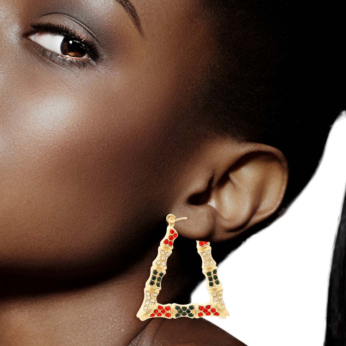 Red and Green Bling Trapezoid Bamboo Hoops - Premium Wholesale Jewelry from Pinktown - Just $12! Shop now at chiquestyles