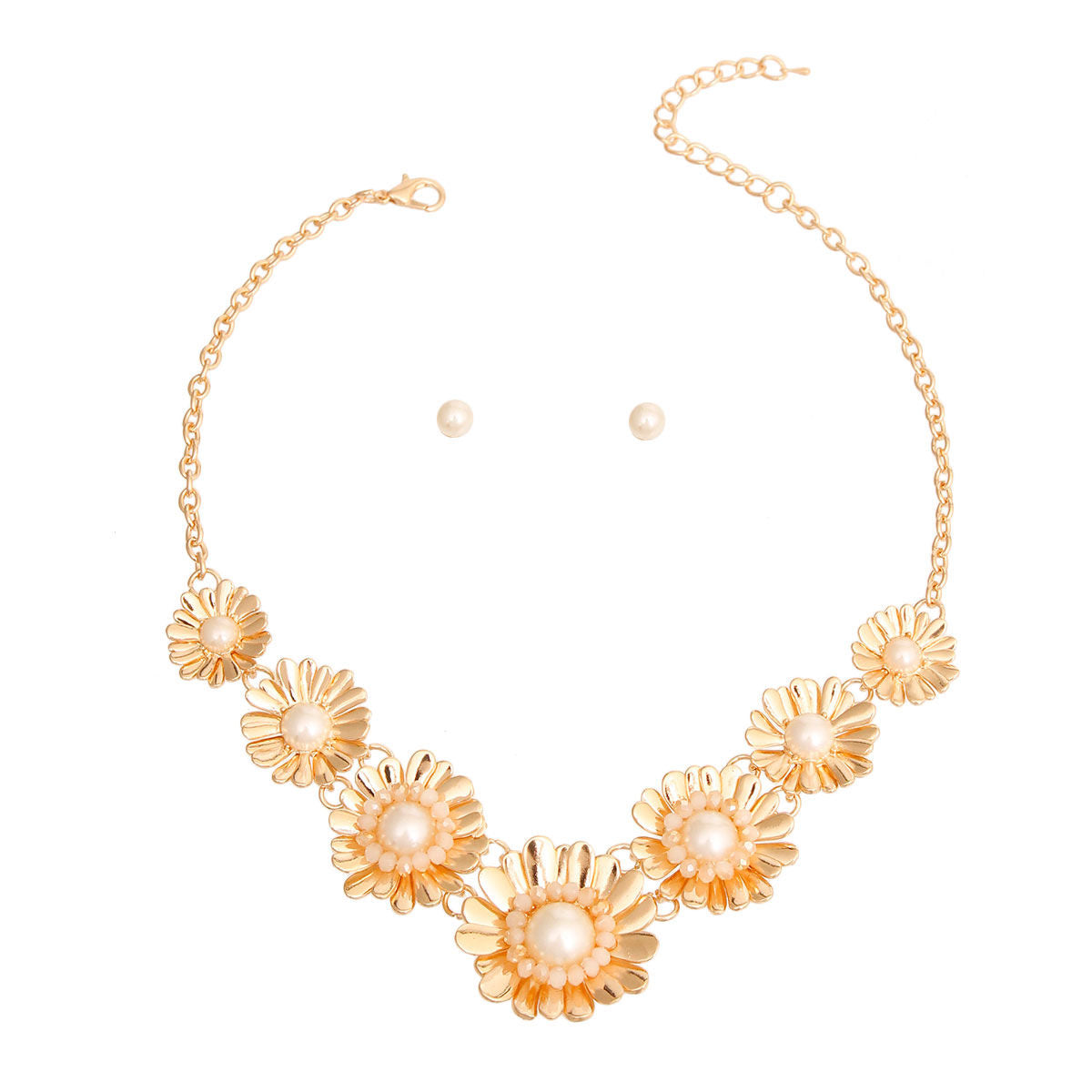 Gold Metal Flower and Pearl Set|17 inches - Premium Wholesale Jewelry from Pinktown - Just $12! Shop now at chiquestyles