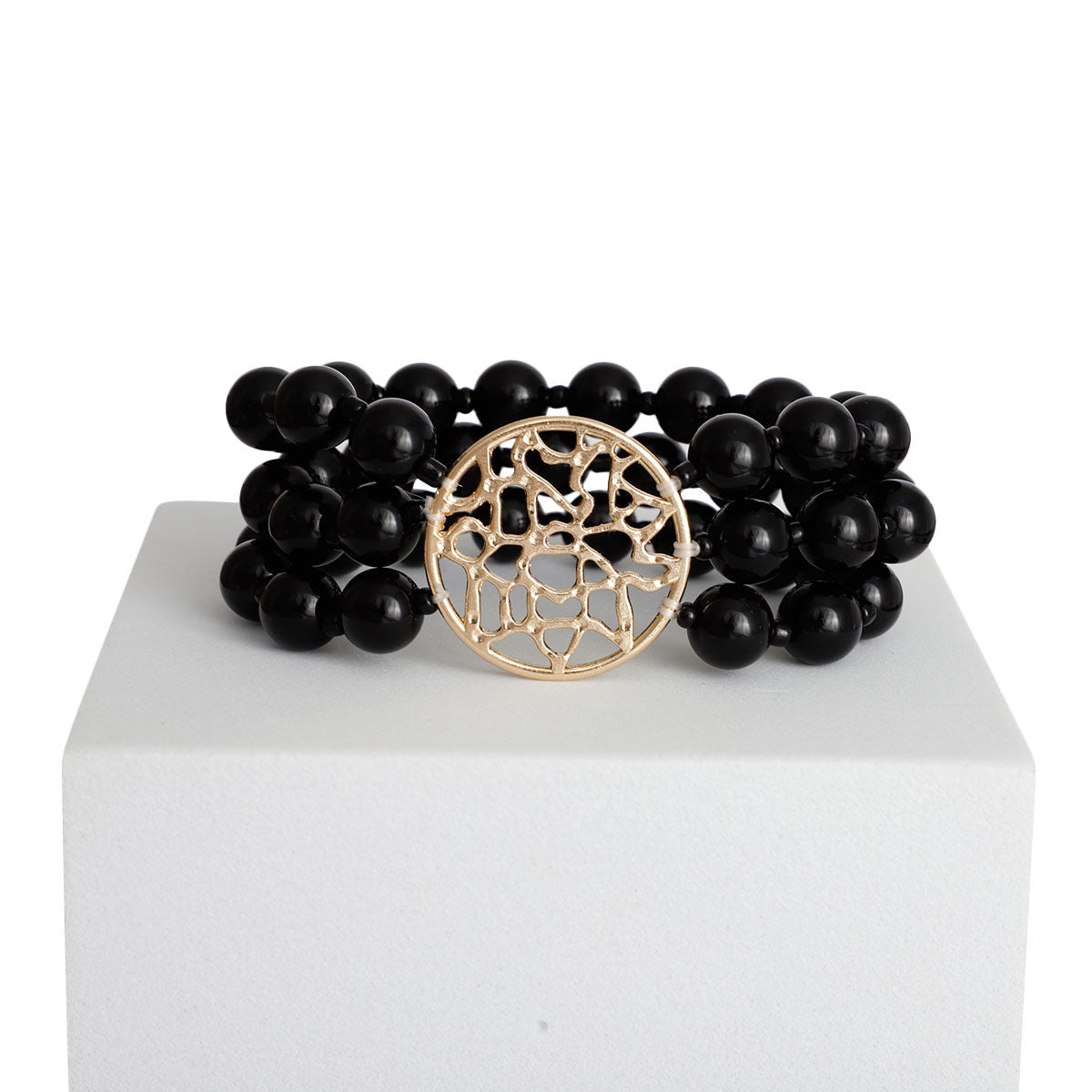 Black Glass Bead Round Gold Bracelet|Stretch to Fit - Premium Wholesale Jewelry from Pinktown - Just $10! Shop now at chiquestyles