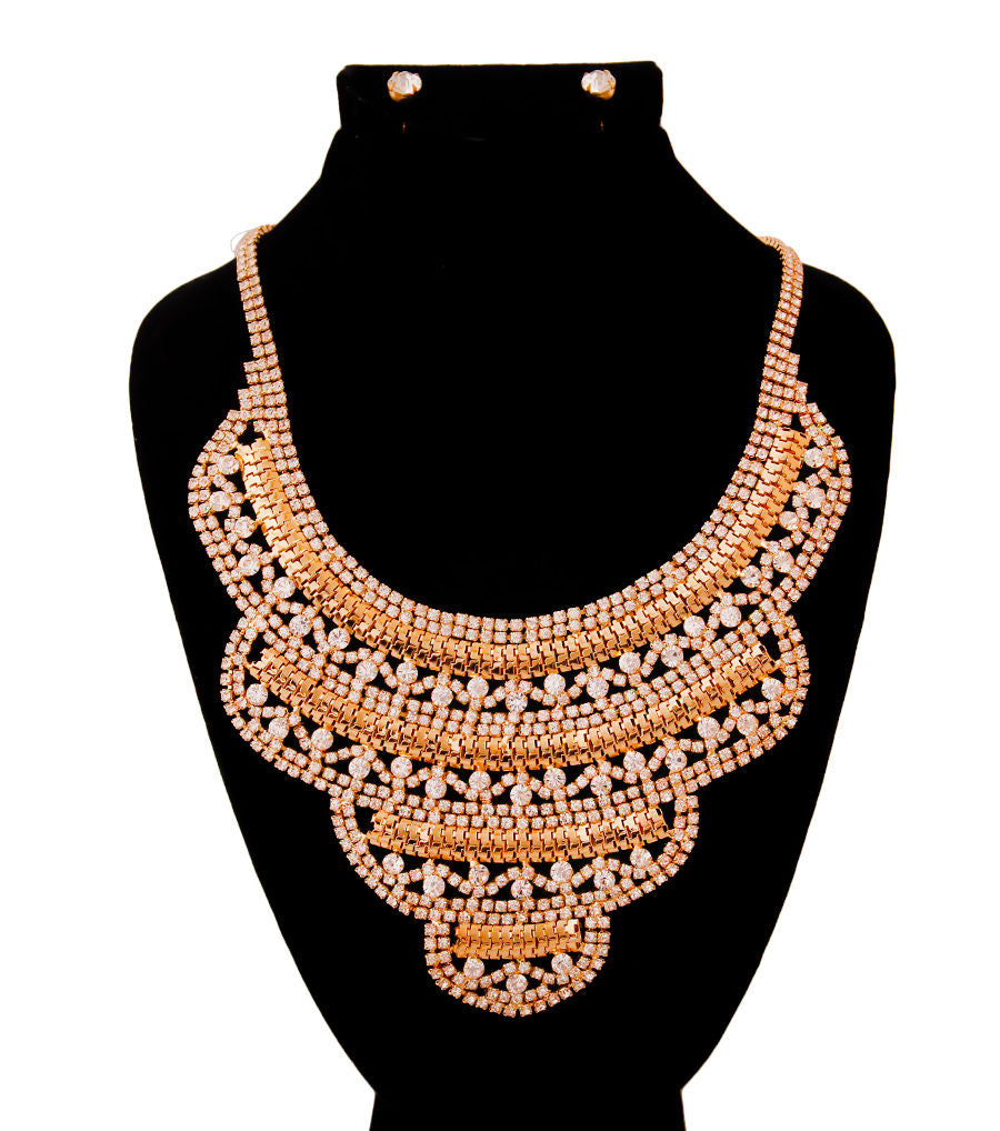 Gold and Rhinestone Layered Bib Necklace Set|20 inches - Premium Wholesale Jewelry from Pinktown - Just $12! Shop now at chiquestyles