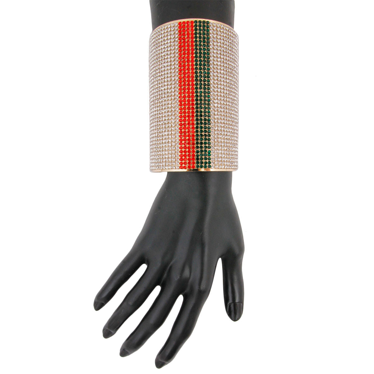 Designer Style Rhinestone Cuff Bracelet with Vertical Green and Red Stripes|4 inches - Premium Wholesale Jewelry from Pinktown - Just $15! Shop now at chiquestyles