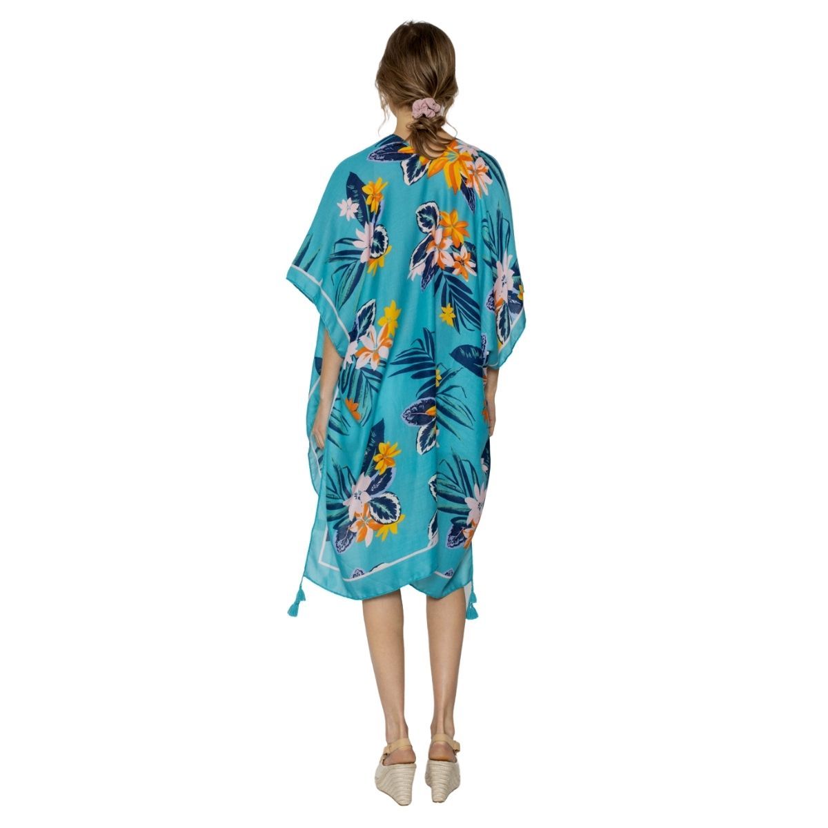 Turquoise Tropical Floral Tassel Kimono|32.4 x 35.4 inches - Premium Wholesale Boutique Clothing from Pinktown - Just $23! Shop now at chiquestyles