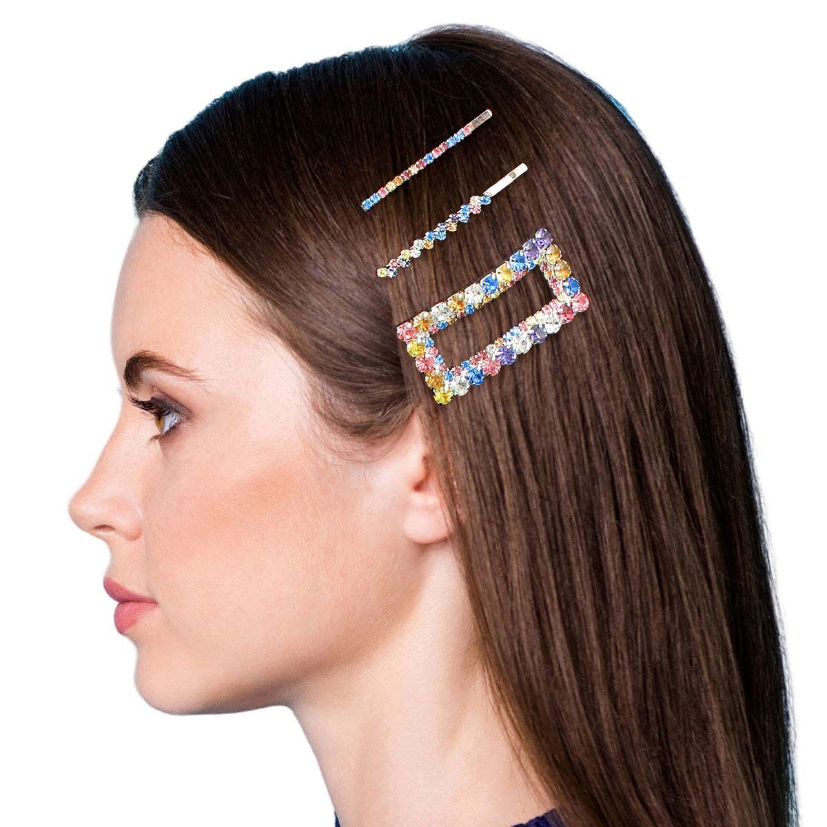 3 Pcs Multi Rhinestone Silver Rectangle Hair Pin Set - Premium Wholesale Fashion Accessories from Pinktown - Just $10! Shop now at chiquestyles