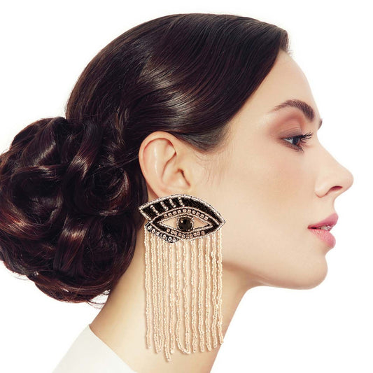 Silver Bead Fringe Lined Eye Earrings|4 inches - Premium Wholesale Jewelry from Pinktown - Just $15! Shop now at chiquestyles
