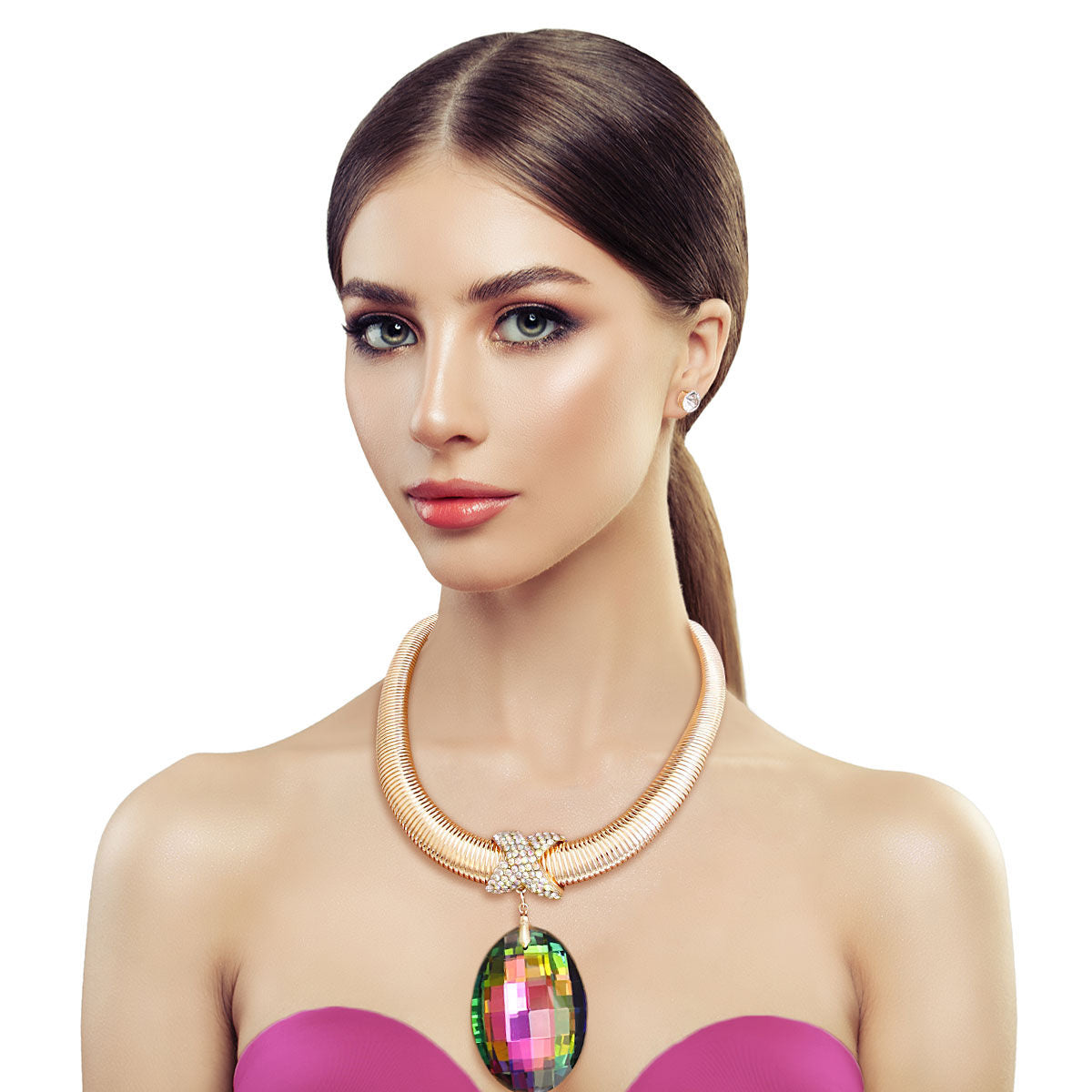 Pink Green Oval Omega Chain Set|24 inches - Premium Wholesale Jewelry from Pinktown - Just $19! Shop now at chiquestyles