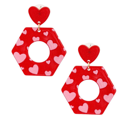 Red Hexagon Heart Earrings|2 inches - Premium Wholesale Jewelry from Pinktown - Just $12! Shop now at chiquestyles