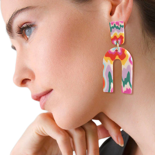 Rainbow Marbled Clay U Drop Earrings|2.15 inches - Premium Wholesale Jewelry from Pinktown - Just $13! Shop now at chiquestyles