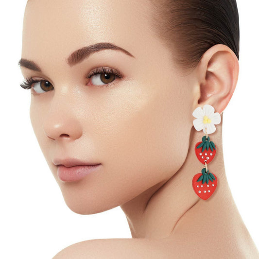 Red Clay Strawberry Dangle Earrings|2.45 inches - Premium Wholesale Jewelry from Pinktown - Just $13! Shop now at chiquestyles
