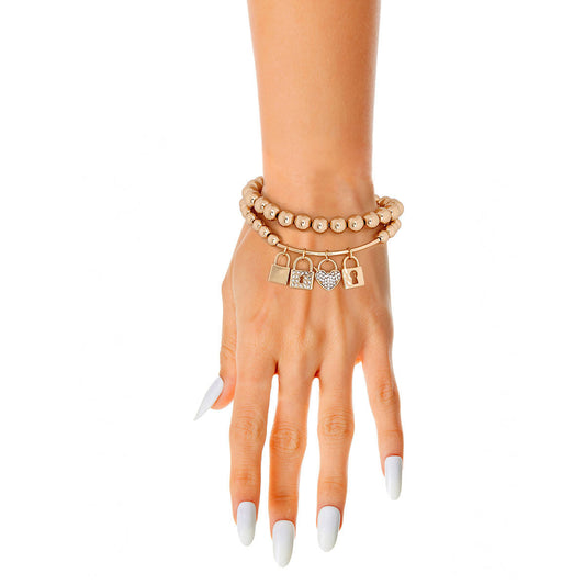 Gold Bead 2 Pcs Love Lock Bracelets|Stretch to Fit - Premium Wholesale Jewelry from Pinktown - Just $11! Shop now at chiquestyles