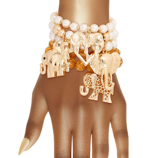 Mixed Gold Bead Elephant Bracelets|Stretch to Fit - Premium Wholesale Jewelry from Pinktown - Just $22! Shop now at chiquestyles