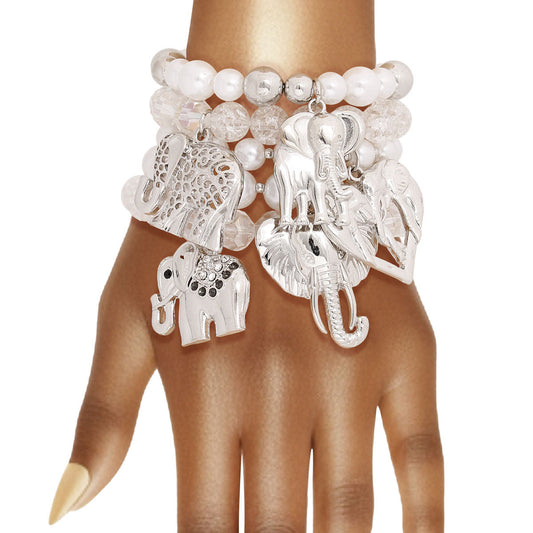 Mixed Silver Bead Elephant Bracelets|Stretch to Fit - Premium Wholesale Jewelry from Pinktown - Just $22! Shop now at chiquestyles