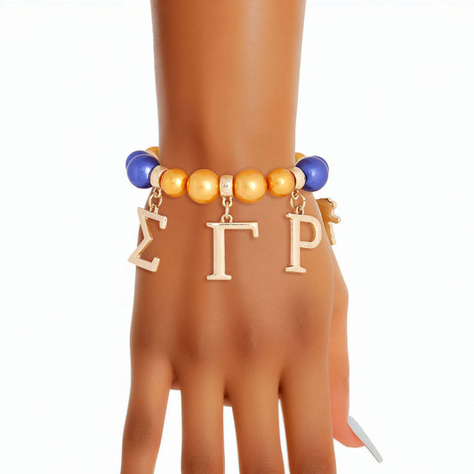 Blue Gold Pearl Sigma Bracelet|Stretch to Fit - Premium Wholesale Jewelry from Pinktown - Just $16! Shop now at chiquestyles