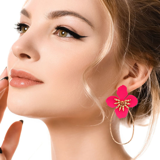 Fuchsia Flower Teardrop Hoops|3 inches - Premium Wholesale Jewelry from Pinktown - Just $12! Shop now at chiquestyles