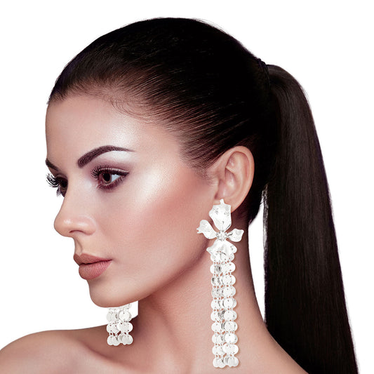 Silver Metal Fringe Flower Earrings|5.25 inches - Premium Wholesale Jewelry from Pinktown - Just $16! Shop now at chiquestyles