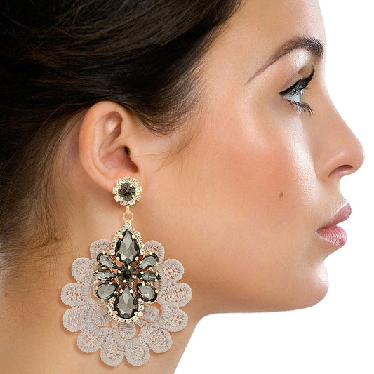 Gray Fabric Lace Crystal Earrings|3.25 inches - Premium Wholesale Jewelry from Pinktown - Just $14! Shop now at chiquestyles