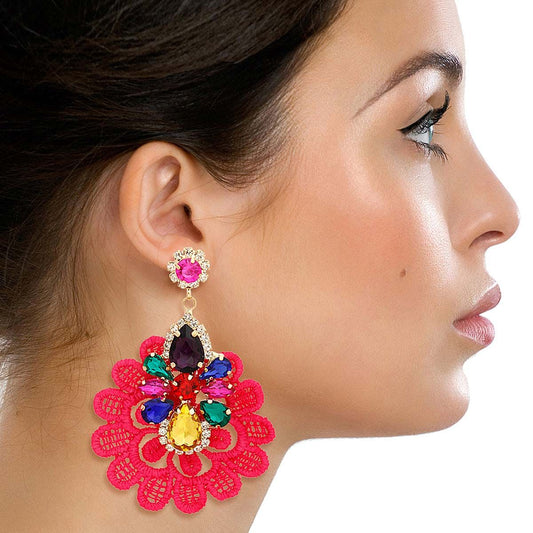 Pink Fabric Lace Crystal Earrings|3.25 inches - Premium Wholesale Jewelry from Pinktown - Just $14! Shop now at chiquestyles