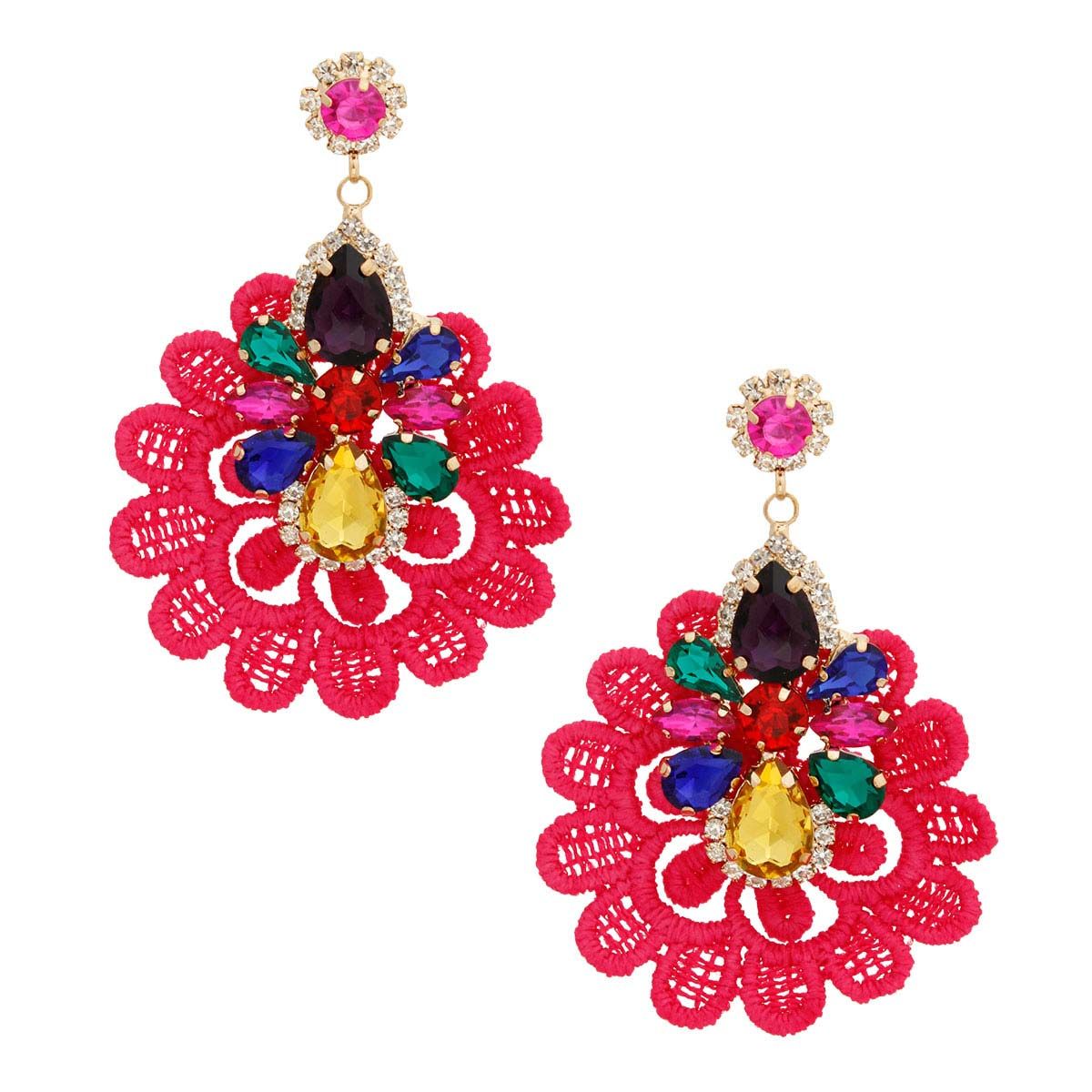 Pink Fabric Lace Crystal Earrings|3.25 inches - Premium Wholesale Jewelry from Pinktown - Just $14! Shop now at chiquestyles