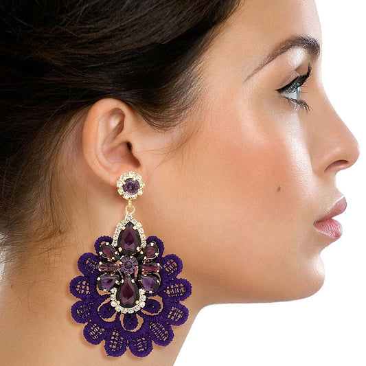 Purple Fabric Lace Crystal Earrings|3.25 inches - Premium Wholesale Jewelry from Pinktown - Just $14! Shop now at chiquestyles