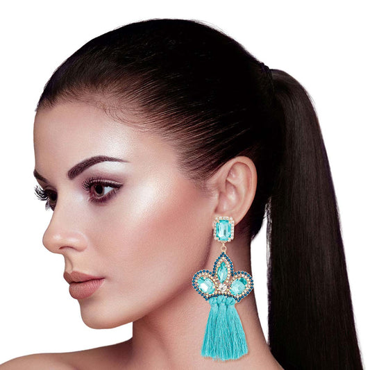 Aqua Triple Tassel Stone Earrings|4 inches - Premium Wholesale Jewelry from Pinktown - Just $13! Shop now at chiquestyles