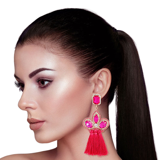 Fuchsia Triple Tassel Stone Earrings|4 inches - Premium Wholesale Jewelry from Pinktown - Just $13! Shop now at chiquestyles