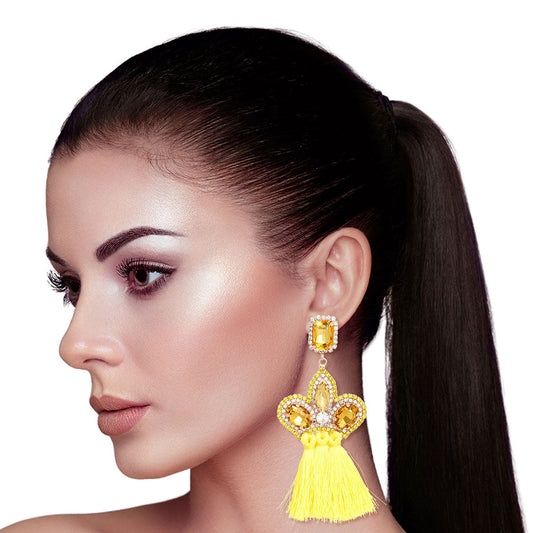 Yellow Triple Tassel Stone Earrings|4 inches - Premium Wholesale Jewelry from Pinktown - Just $13! Shop now at chiquestyles