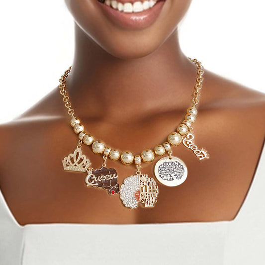 Gold Queen Afro Charm Chain|17 + 3 inches - Premium Wholesale Jewelry from Pinktown - Just $17! Shop now at chiquestyles