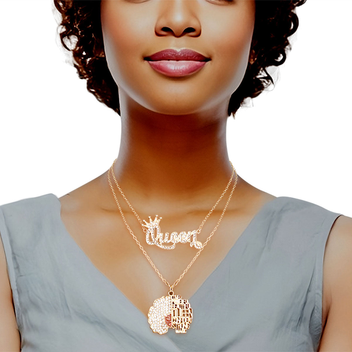 Gold Queen Afro 2 Pcs Chains|16 - 18 inches - Premium Wholesale Jewelry from Pinktown - Just $14! Shop now at chiquestyles