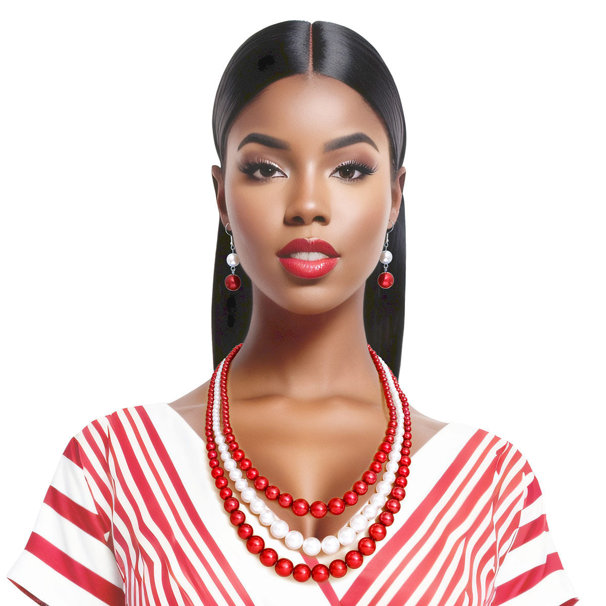 DST Pearl Necklace Red White 3 Strand Set - Premium Wholesale Jewelry from Pinktown - Just $15! Shop now at chiquestyles