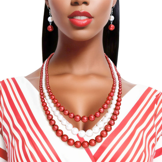 DST Pearl Necklace Red White 3 Strand Set - Premium Wholesale Jewelry from Pinktown - Just $15! Shop now at chiquestyles