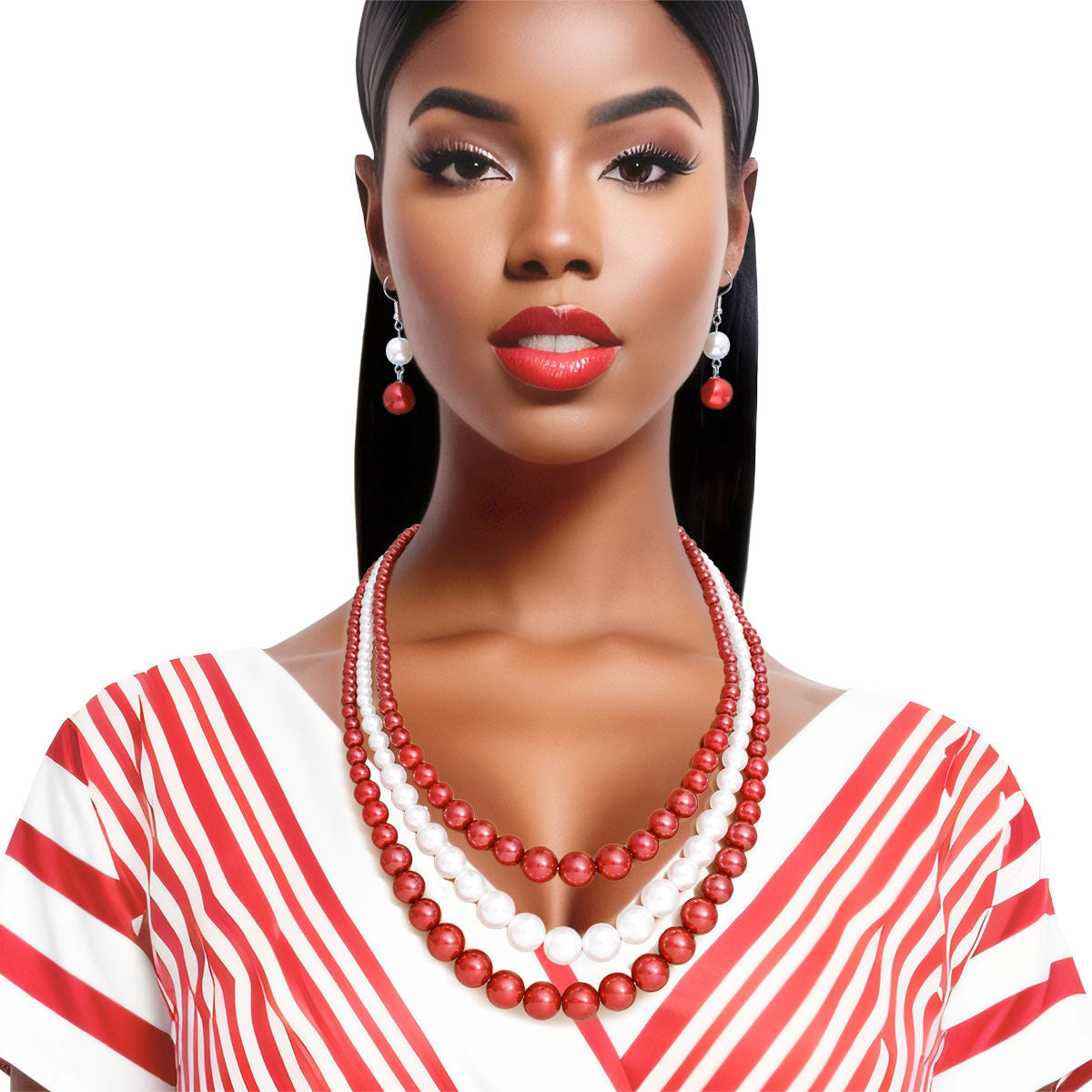 DST Pearl Necklace Red White 3 Strand Set - Premium Wholesale Jewelry from Pinktown - Just $15! Shop now at chiquestyles