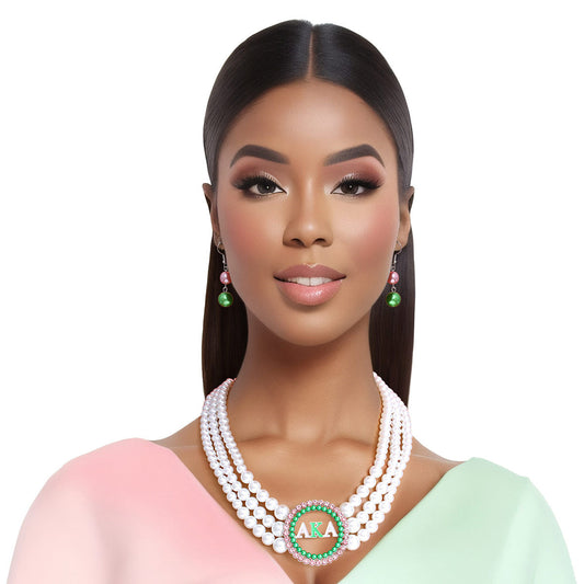 Pearl Necklace Pink Green AKA Set for Women - Premium Wholesale Jewelry from Pinktown - Just $19! Shop now at chiquestyles