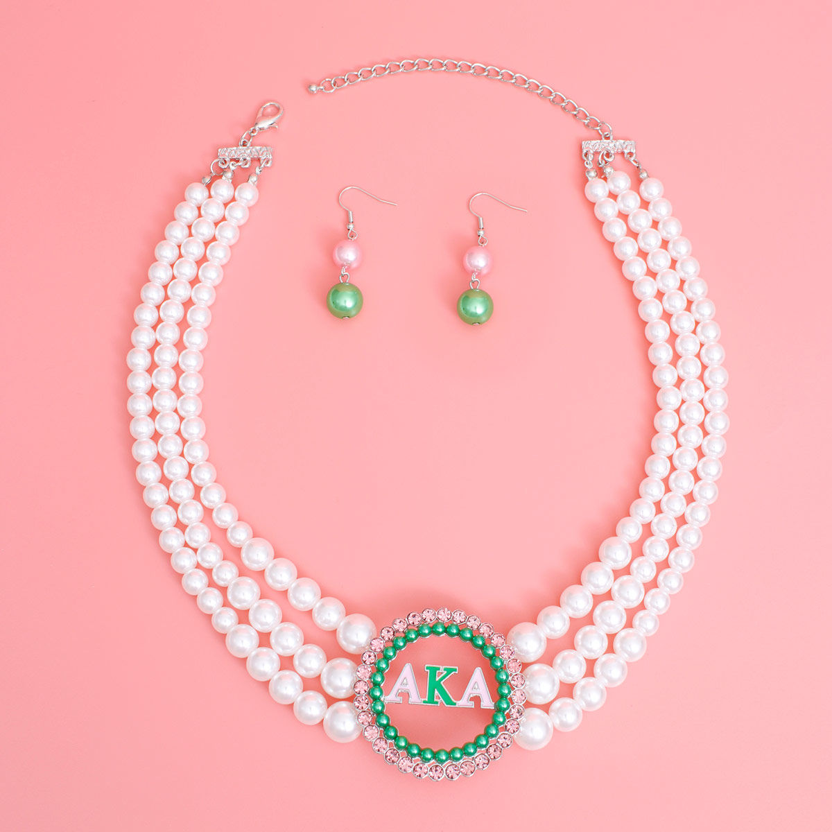 Pearl Necklace Pink Green AKA Set for Women - Premium Wholesale Jewelry from Pinktown - Just $19! Shop now at chiquestyles