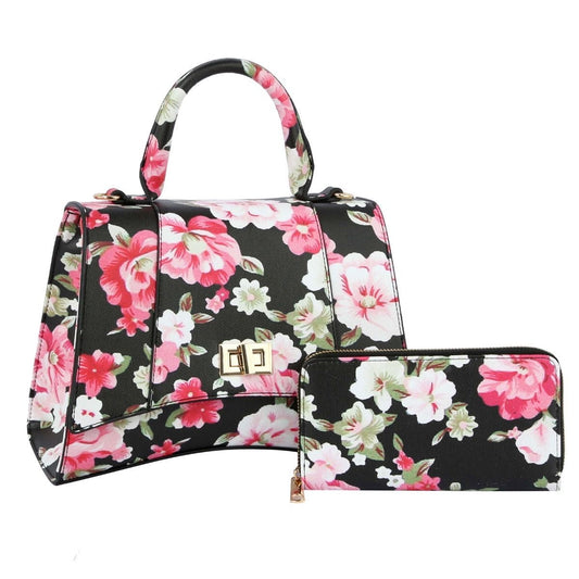 Black Floral Flal Top Handle Handbag Set|10.8 x 8 x 5 inches - Premium Wholesale Fashion Accessories from Pinktown - Just $72! Shop now at chiquestyles