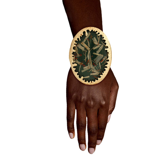 Oval Green Confetti Gold Cuff|8 inches - Premium Wholesale Jewelry from Pinktown - Just $22! Shop now at chiquestyles