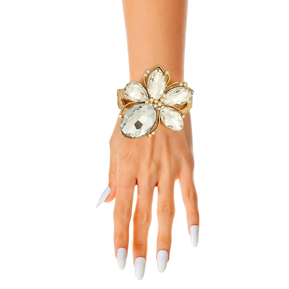Gold Clear Crystal Flower Hinge Cuff - Premium Wholesale Jewelry from Pinktown - Just $22! Shop now at chiquestyles