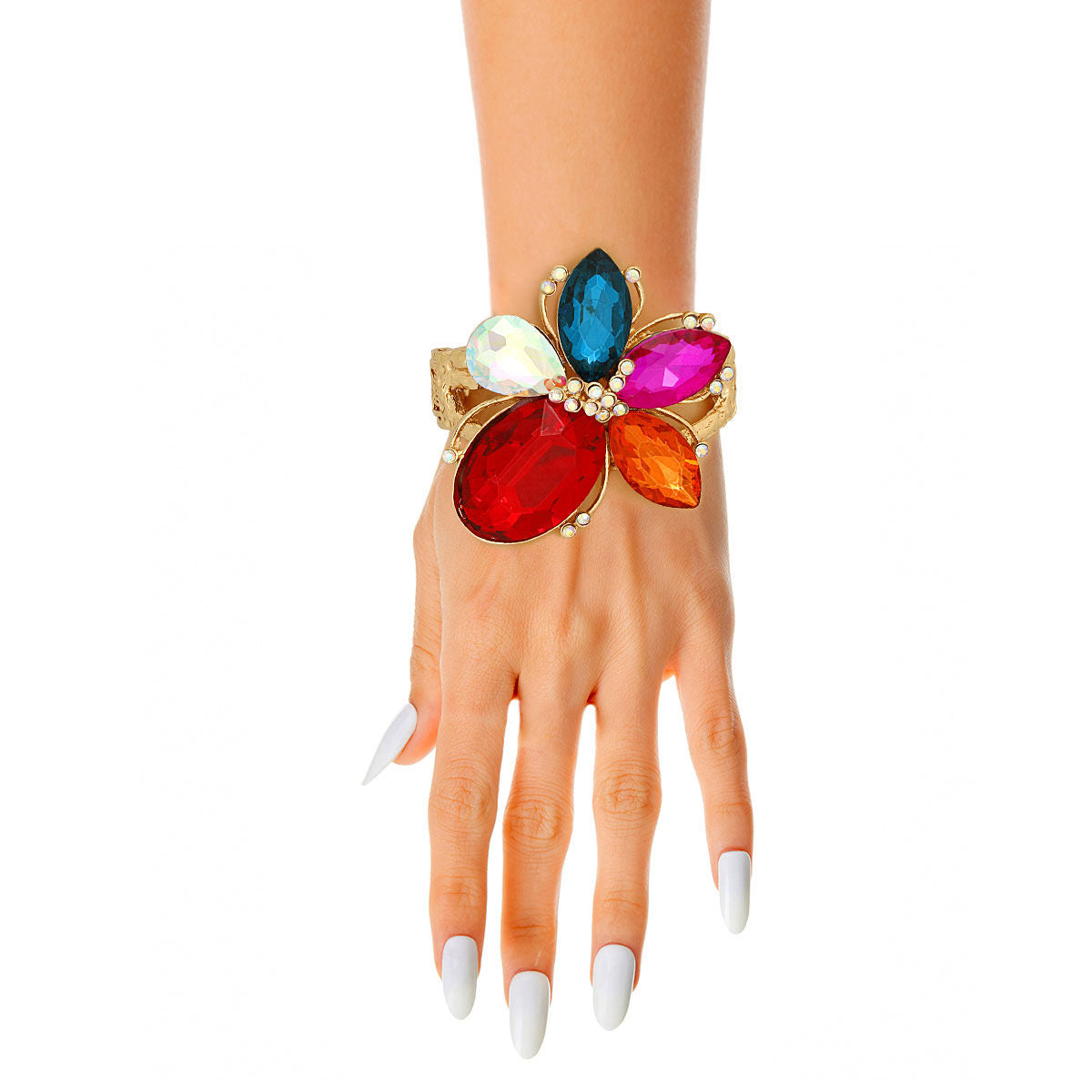 Multi Color Crystal Flower Hinge Cuff - Premium Wholesale Jewelry from Pinktown - Just $22! Shop now at chiquestyles
