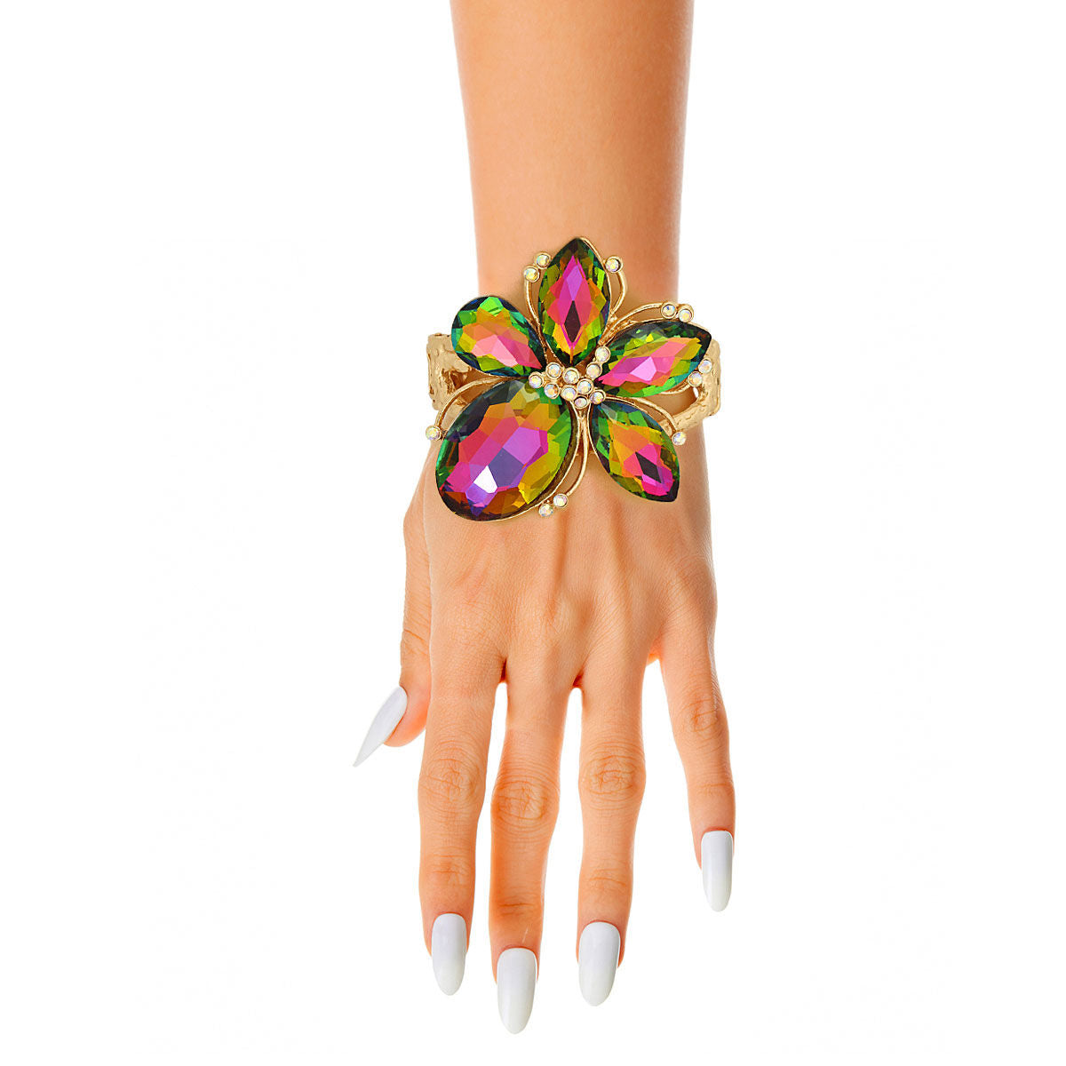 Pink Green Crystal Flower Hinge Cuff - Premium Wholesale Jewelry from Pinktown - Just $22! Shop now at chiquestyles