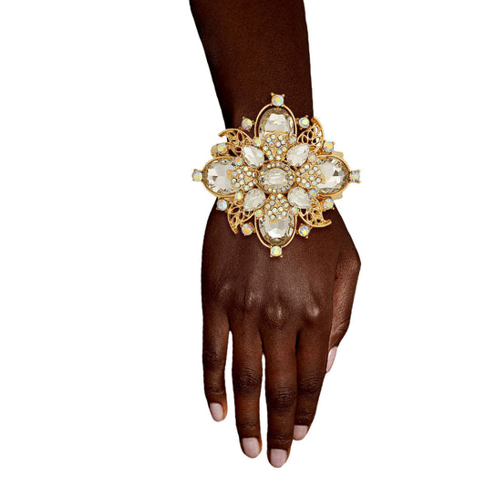 Gold Filigree Crystal Flower Cuff|8 inches - Premium Wholesale Jewelry from Pinktown - Just $26! Shop now at chiquestyles
