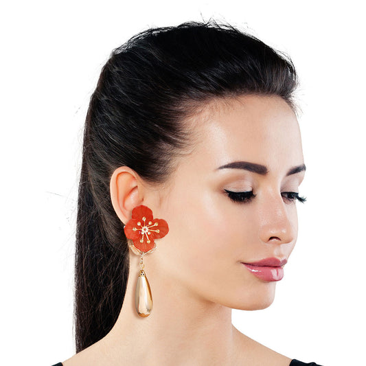 Red Flower Gold Teardrop Earrings|3.5 inches - Premium Wholesale Jewelry from Pinktown - Just $11! Shop now at chiquestyles