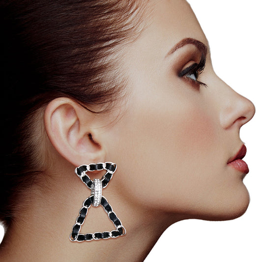 Black Woven Silver Triangle Earrings|2 inches - Premium Wholesale Jewelry from Pinktown - Just $10! Shop now at chiquestyles