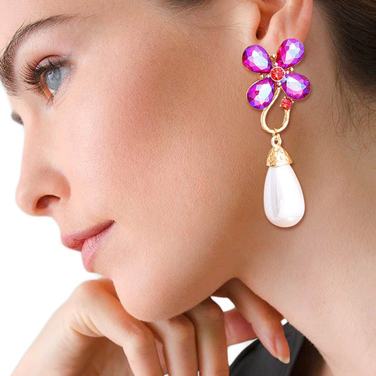 Purple Flower Pearl Teardrop Earrings|3 inches - Premium Wholesale Jewelry from Pinktown - Just $12! Shop now at chiquestyles