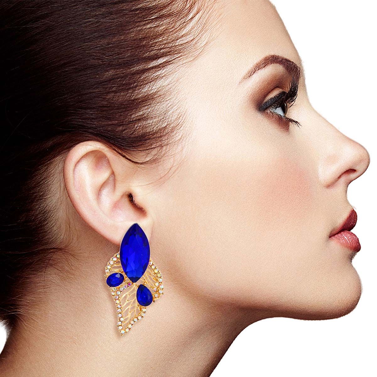Elegant Royal Blue Leaf Stud|2.15 x 1 inches - Premium Wholesale Jewelry from Pinktown - Just $15! Shop now at chiquestyles