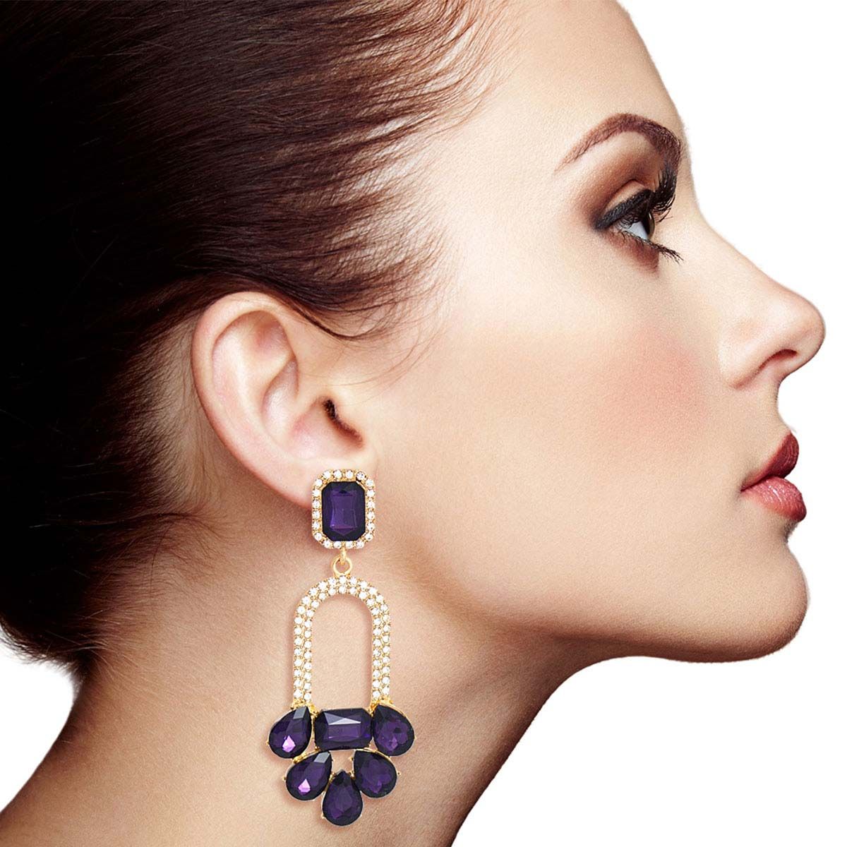 Dark Purple Arched Crystal Earrings|3.5 inches - Premium Wholesale Jewelry from Pinktown - Just $10! Shop now at chiquestyles