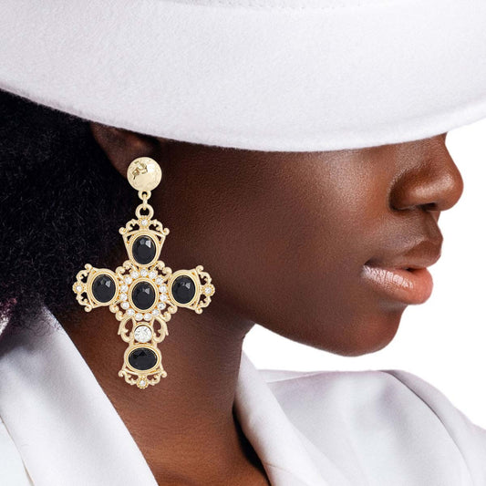 Gold Black Fancy Cross Earrings|3.5 inches - Premium Wholesale Jewelry from Pinktown - Just $12! Shop now at chiquestyles