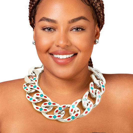 Silver Red Green Detail Chain Set|18 inches - Premium Wholesale Jewelry from Pinktown - Just $16! Shop now at chiquestyles