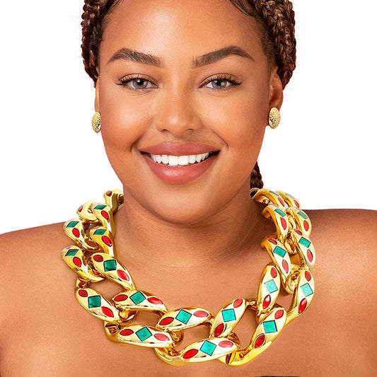 Chunky Red Green Detail Chain Set|20 inches - Premium Wholesale Jewelry from Pinktown - Just $17! Shop now at chiquestyles