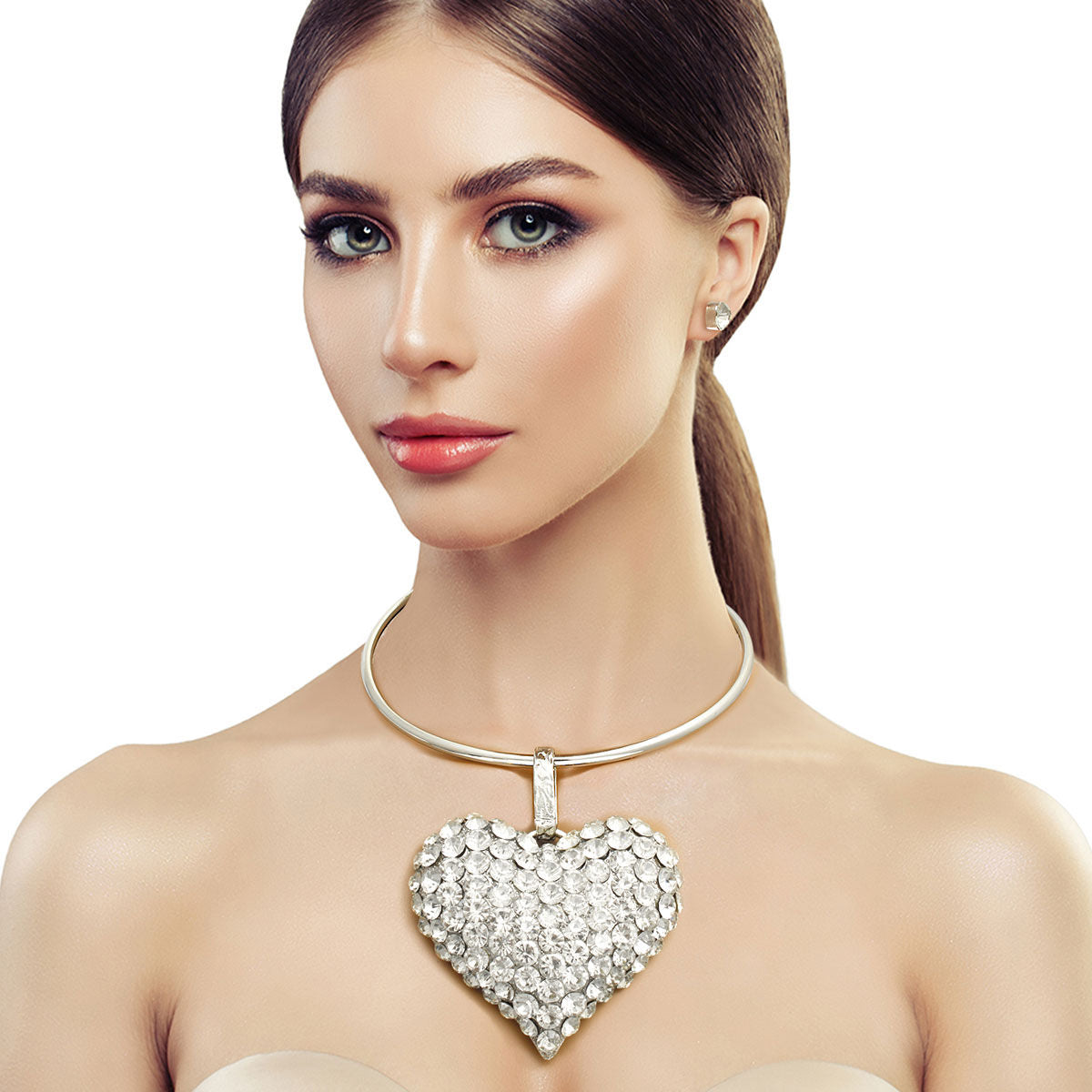 Silver Rigid Collar XL Rhinestone Heart Set - Premium Wholesale Jewelry from Pinktown - Just $22! Shop now at chiquestyles