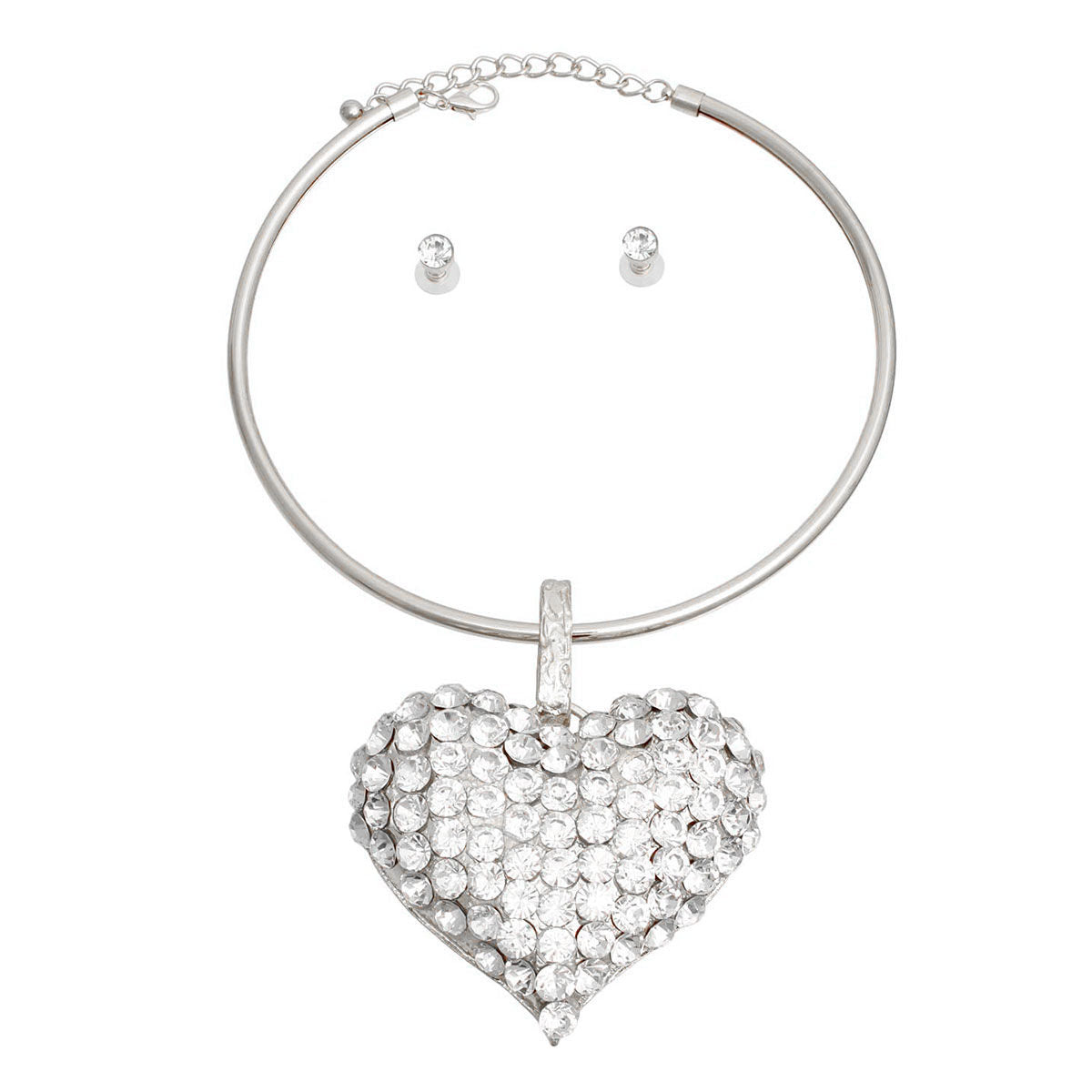 Silver Rigid Collar XL Rhinestone Heart Set - Premium Wholesale Jewelry from Pinktown - Just $22! Shop now at chiquestyles