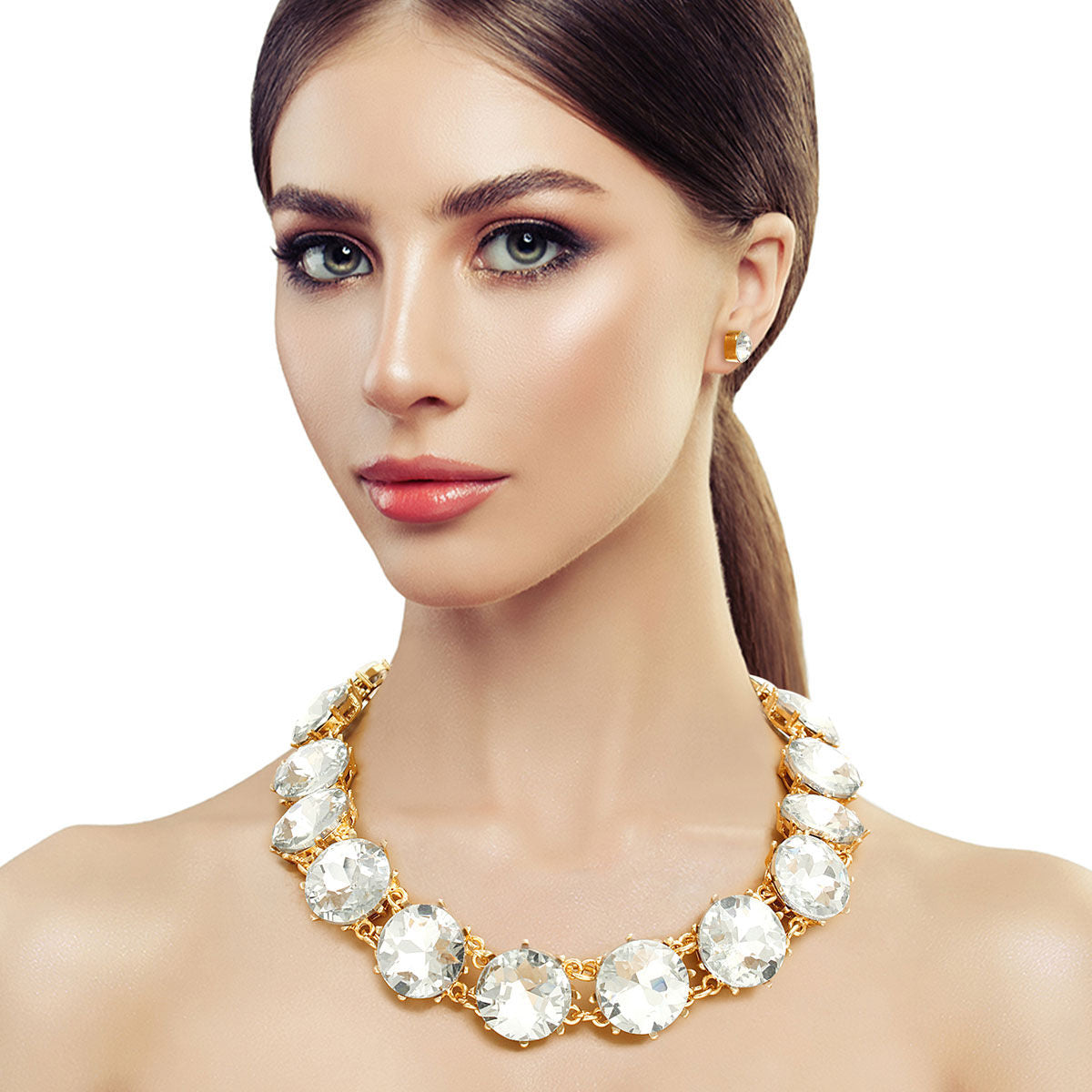 Gold and Clear Round Crystal Link Necklace - Premium Wholesale Jewelry from Pinktown - Just $24! Shop now at chiquestyles